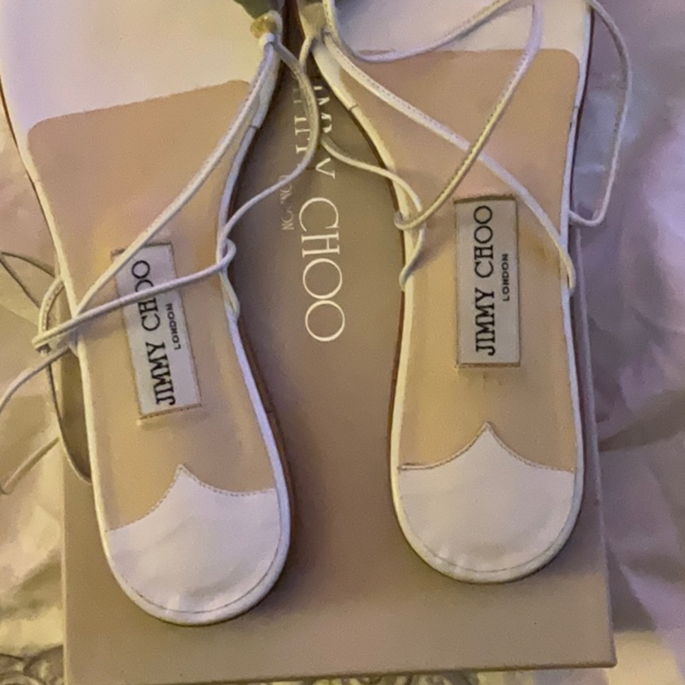 NEW JIMMY CHOO lace up leg white leather sandals with natural stone 39.5 9 9.5 - Picture 7 of 8